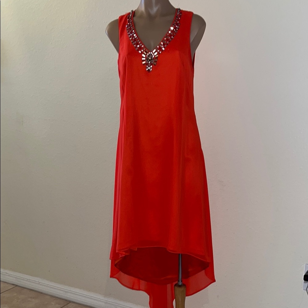 Elegant Orange Jeweled Sleeveless Dress